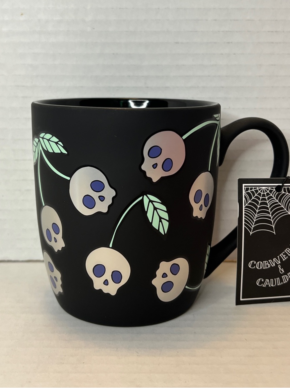 Cobwebs & Cauldrons Halloween Matt Black Skull Cherry Vine Ceramic Mug New